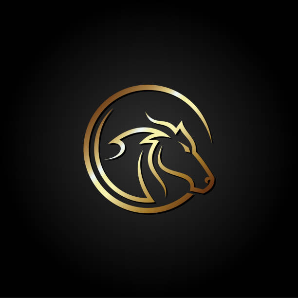 illustrazioni stock, clip art, cartoni animati e icone di tendenza di design logo testa cavallo d'oro, illustrazione vettoriale isolata su sfondo nero - steeplechasing