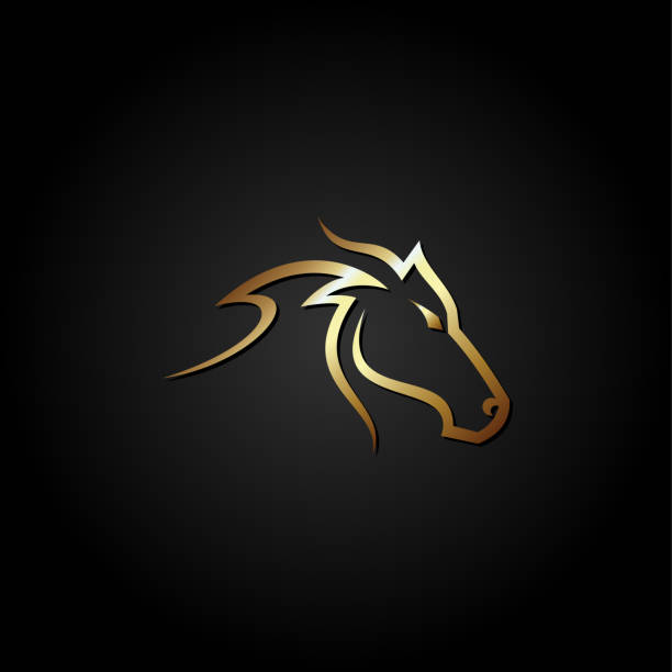 illustrazioni stock, clip art, cartoni animati e icone di tendenza di design logo testa cavallo d'oro, illustrazione vettoriale isolata su sfondo nero - steeplechasing