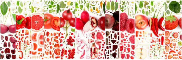 Large collection of red fruit and vegetable pieces, slices and leaves isolated on white background. Top view. Seamless abstract pattern.