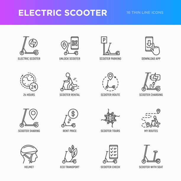 elektroroller dünne linie symbole gesetzt: sharing-service, mobile app, qr-code, parkplatz, helm, öko-transport, zeiger. moderne vektor-illustration. - tretroller stock-grafiken, -clipart, -cartoons und -symbole