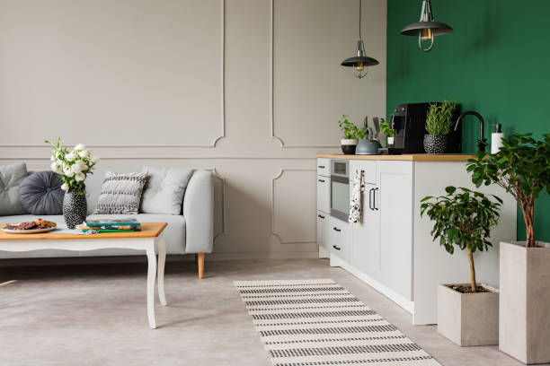 istock Open space kitchen and living room interior in small studio apartment 1190430382