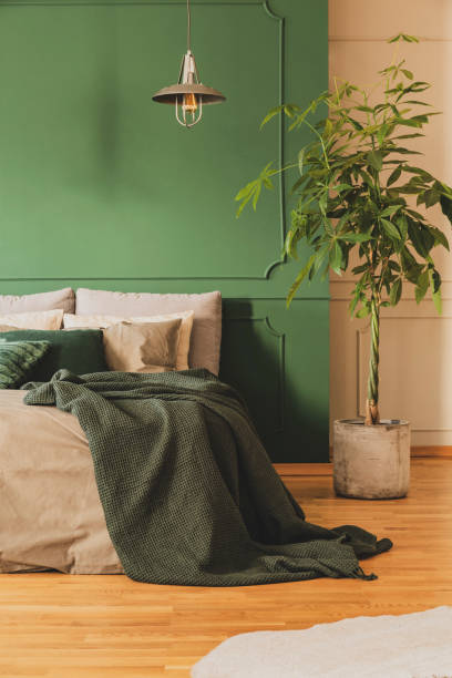 istock Beautiful bedroom interior with green design, copy space on empty wall 1190431765