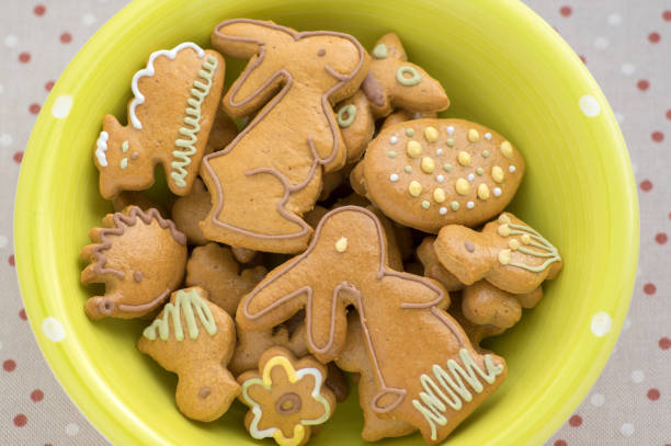 istock Czech painted easter gingerbread in light green bowl on dotted tablecloth, comical bunnies 1190431921