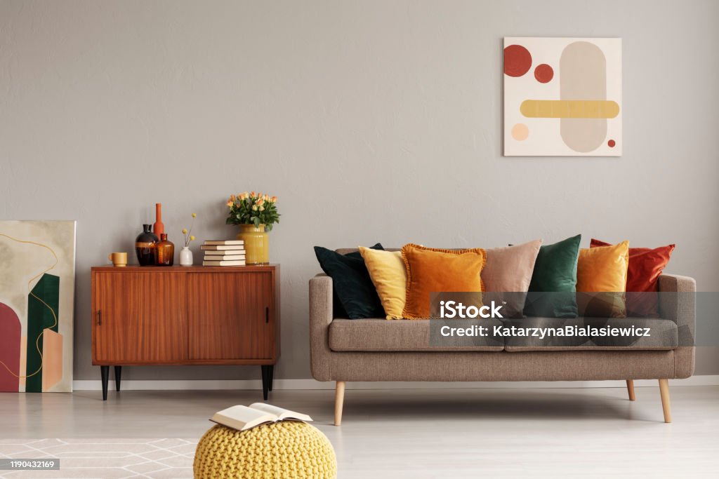 Retro style in beautiful living room interior with grey empty wall Living Room Stock Photo