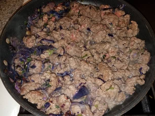 raw ground turkey and cabbage in frying pan or skillet
