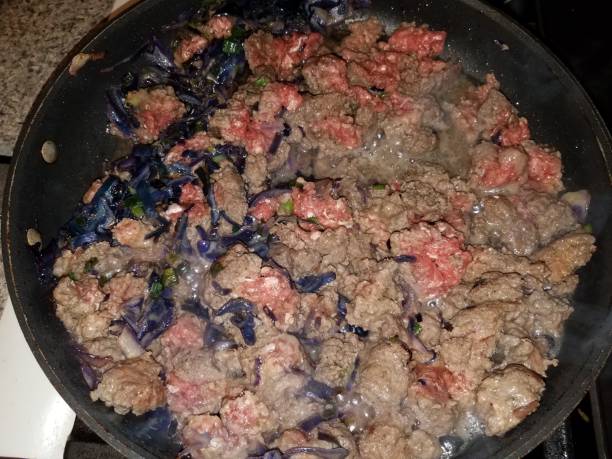 raw ground turkey and cabbage in frying pan or skillet