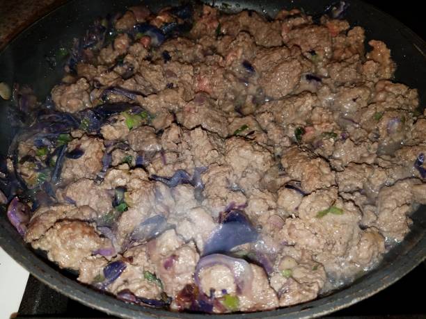 ground turkey and cabbage in frying pan or skillet