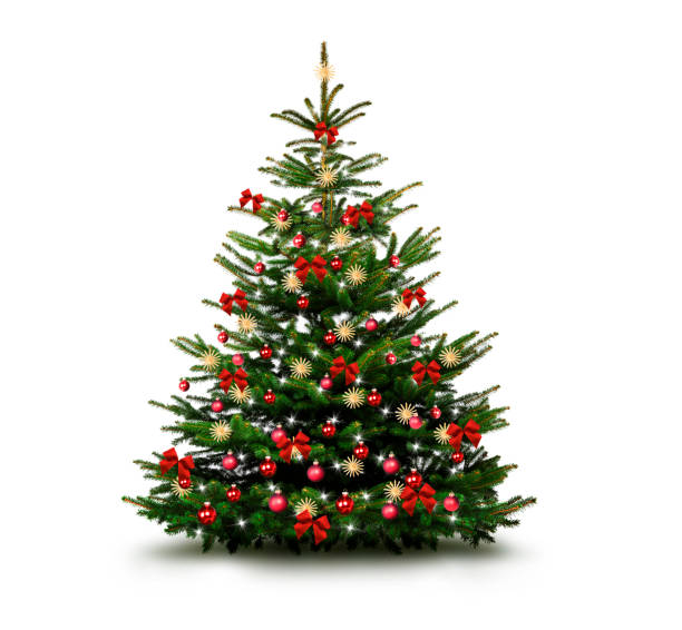 hell geschmückter weihnachtsbaum - weihnachtsbaum stock-fotos und bilder