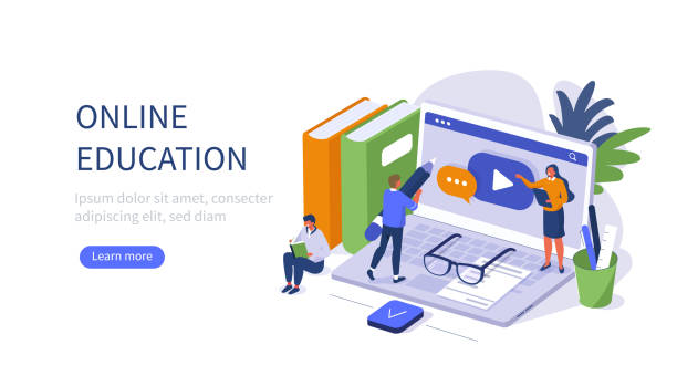 online education banner People Character Standing near Office Desk with Laptop, Books and Other Studying Supplies. Training Courses and Tutorials. Online Education and E-Learning Concept. Flat Isometric Vector illustration. teacher illustrations stock illustrations