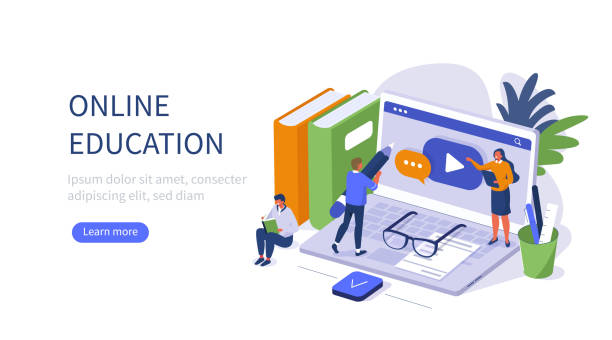 online education banner People Character Standing near Office Desk with Laptop, Books and Other Studying Supplies. Training Courses and Tutorials. Online Education and E-Learning Concept. Flat Isometric Vector illustration. distance learning cartoon stock illustrations