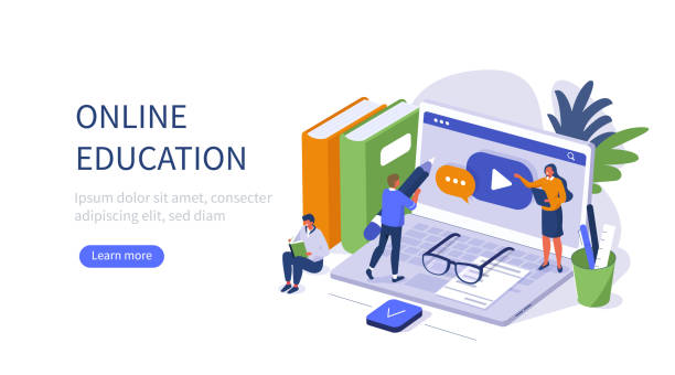 online education banner People Character Standing near Office Desk with Laptop, Books and Other Studying Supplies. Training Courses and Tutorials. Online Education and E-Learning Concept. Flat Isometric Vector illustration. furniture instructions stock illustrations