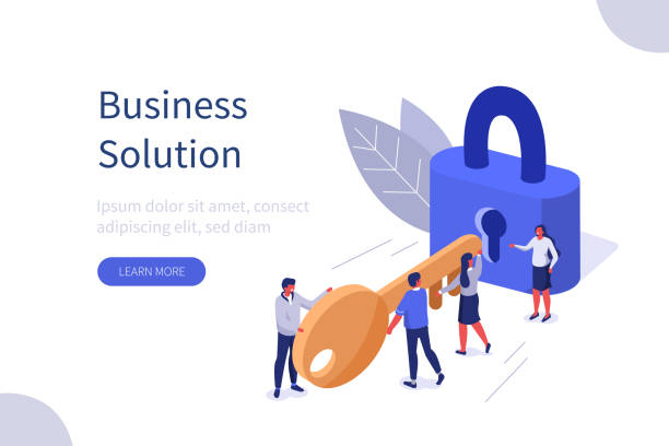 business solution Business Team Holding Golden Key and Unlocking the Lock. Successful Businessman and Businesswoman  Working Together. Business Solution Concept. Flat Isometric Vector Illustration. key illustrations stock illustrations
