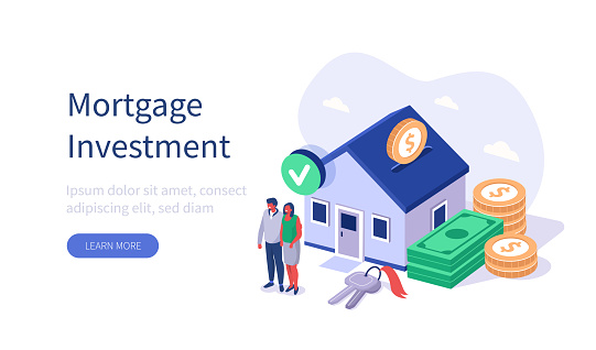 Family Buying Home with Mortgage and Paying Credit to Bank. People Invest Money in Real Estate Property. House Loan, Rent and Mortgage Concept. Flat Isometric Vector Illustration.