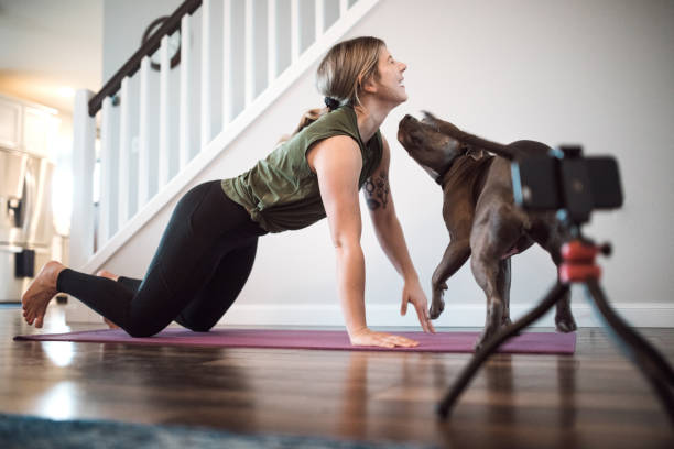 istock Woman Vlogger Records Yoga Tutorials With Her Dog 1190437475