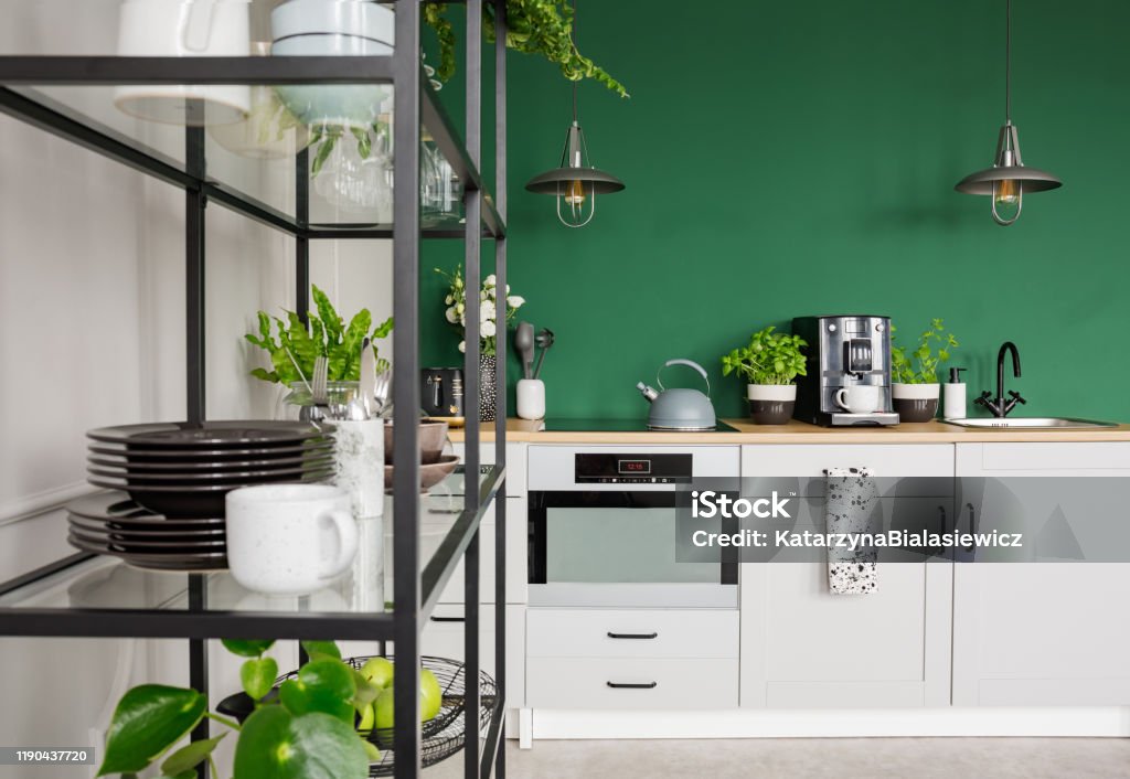 Modern scandinavian apartment with trendy furniture, real photo Indoors Stock Photo