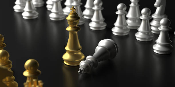 istock Chess king gold standing winner on black background. 3d illustration 1190439529