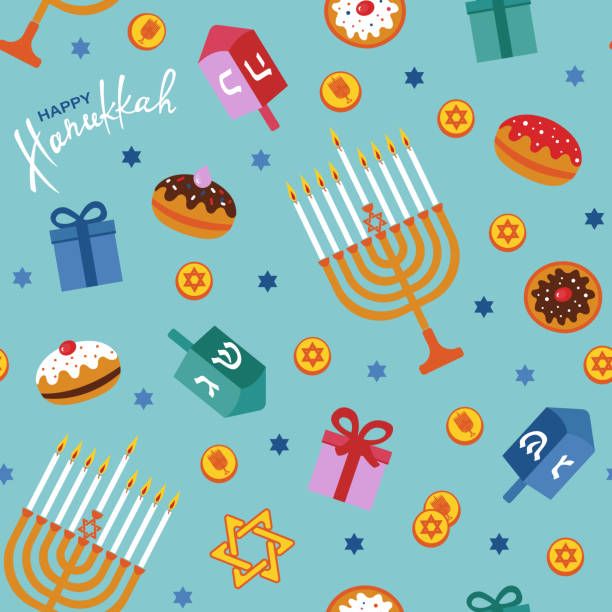 ilustrações, clipart, desenhos animados e ícones de feliz hanukkah padrão sem costura com menorah, dreidels, caixas de presente, letras hebraicas, donuts, estrela david. modelo de vetor do festival judaico das luzes. - hanukkah menorah candle blue