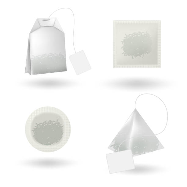 ilustrações, clipart, desenhos animados e ícones de saco de chá realista isolado. maquete branca do saco de chá - teabag label blank isolated