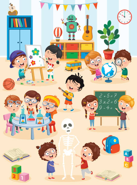 ilustrações de stock, clip art, desenhos animados e ícones de little children studying and playing at preschool classroom - family cartoon child little girls