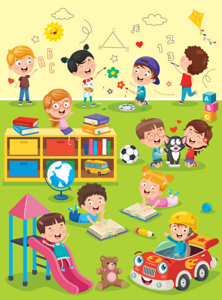 ilustrações de stock, clip art, desenhos animados e ícones de little children studying and playing at preschool classroom - blackboard teaching preschool alphabet