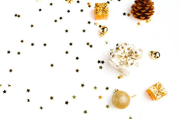 istock Christmas composition. Flat Lay with Christmas golden deco baubles on white. Copy Space. Horizontal. 1190447963