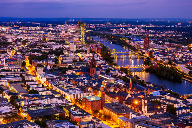 istock Aerial view over over Frankfurt at night 1190448029