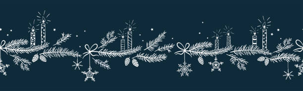 キャンドル、枝やクリスマスの装飾とかわいい手描きの水平シームレスなパターン - xマスの背景、織物、バナー、壁紙のための素晴らしい - ベクターデザイン - christmas candle wreath backgrounds点のイラスト素材／クリップアート素材／マンガ素材／アイコン素材