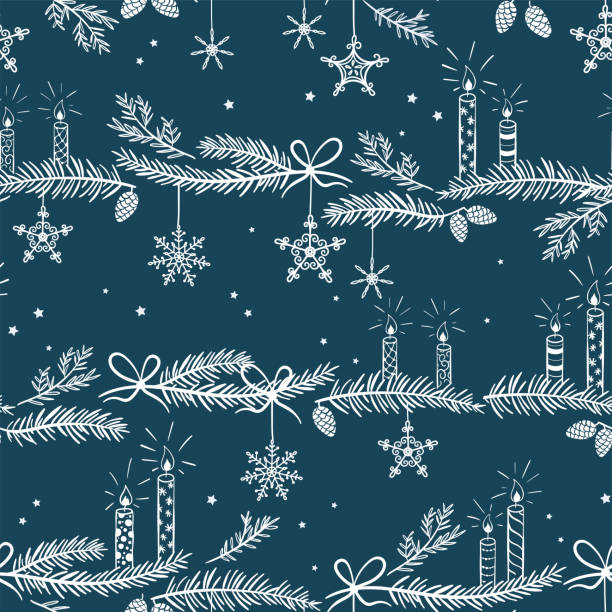 Cute hand drawn seamless pattern with candles, branches and christmas decoration - x mas background, great for textiles, banners, wallpapers - vector design Cute hand drawn seamless pattern with candles, branches and christmas decoration - x mas background, great for textiles, banners, wallpapers - vector design advent candle wreath christmas stock illustrations