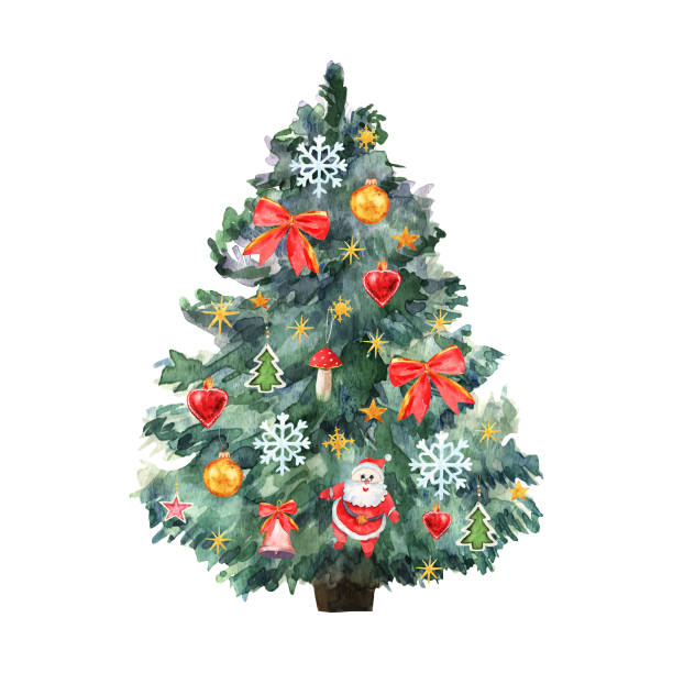 illustrazioni stock, clip art, cartoni animati e icone di tendenza di ð¡ard con albero di natale e giocattoli colorati. albero di natale verde acquerello, babbo natale, fiocco di neve, campana, fungo, stelle, arco su sfondo bianco. illustrazione per le vacanze invernali grande design per qualsiasi scopo. - christmas design christmas tree paintings