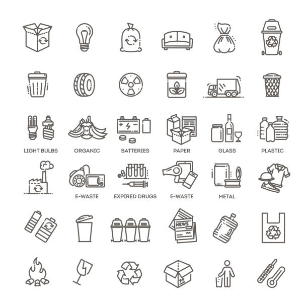 Garbage Vector Line Icons Set Different recycling garbage waste types sorting processing, treatment remaking trash utilize icons vector garbage dump stock illustrations