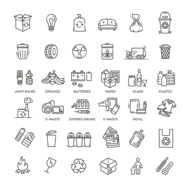 Garbage Vector Line Icons Set Different recycling garbage waste types sorting processing, treatment remaking trash utilize icons vector trash illustrations stock illustrations