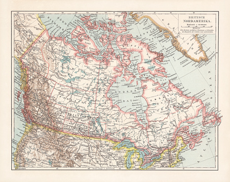Historical map of the British North America. It refers to the former territories of the British Empire in North America, not including the Caribbean. These territories today form modern-day Canada and the Pacific Northwest of the United States. Chromolithograph, published in 1899.