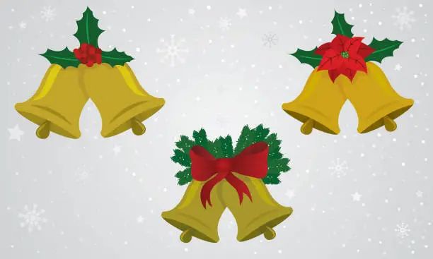 Vector illustration of CHRISTMAS BELLS AND NOCHE BUENA FLOWERS