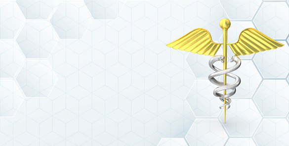 3D caduceus object as medical symbol on modern hexagonal white  background with large copy space.