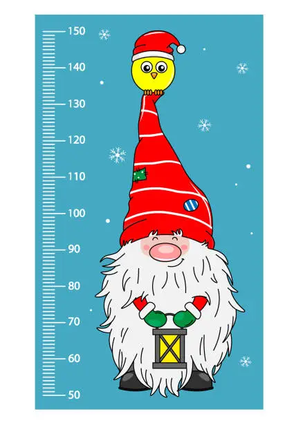 Vector illustration of Wall meter. Gnome with bird in the hat