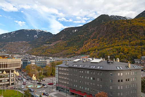 Andorra la Vella, Andorra, November 26 2019: Aerial view of the city surrounded by mountains.