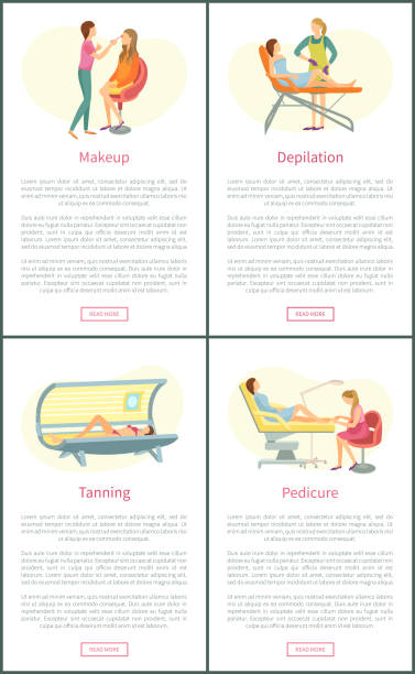 ilustrações de stock, clip art, desenhos animados e ícones de makeup visagiste and tanning posters set vector - toenail hair salon cosmetics make up
