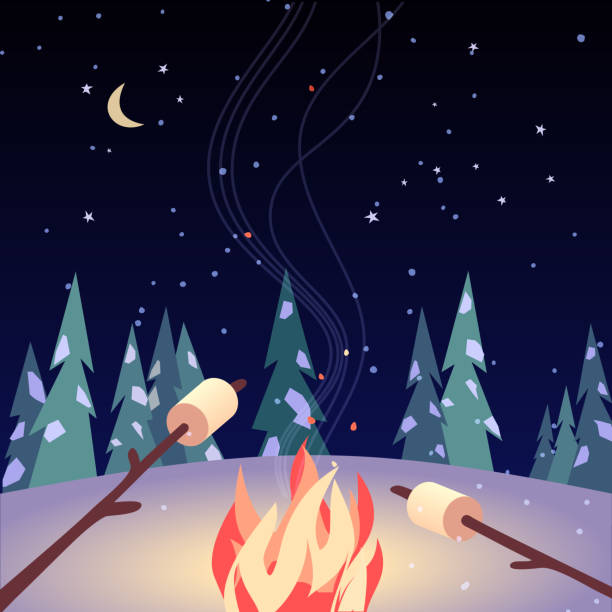 ilustrações de stock, clip art, desenhos animados e ícones de marshmallow roast on winter campfire vector poster - comida torrada ilustrações