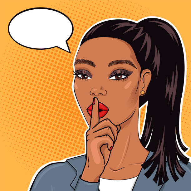 afroamerikanische geschäftsfrau in pop-art retro cimic stil mit finger auf den lippen für ruhe bitte, hören sie auf zu reden, halten geschäft geheim strategie - private secretary stock-grafiken, -clipart, -cartoons und -symbole