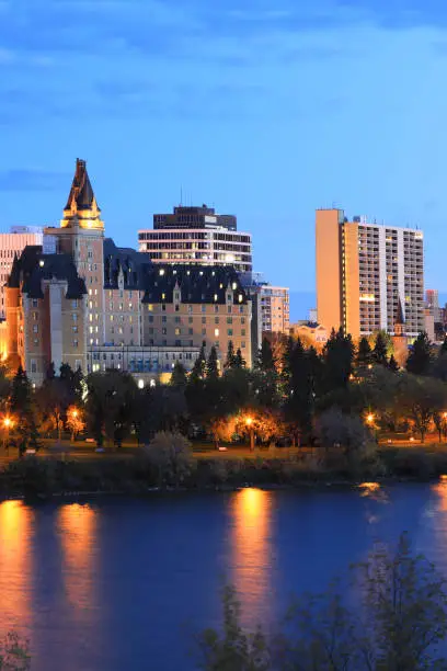 A Vertical of Saskatoon, Canada skyline after dark