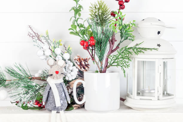 istock Mug mockup with fir branches, cones and Christmas lantern 1190465778