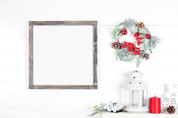 Square Empty Frame on a Light Background Christmas Wood Sign Mockup, Square Empty Frame on a Light Background farmhouse photos stock pictures, royalty-free photos & images