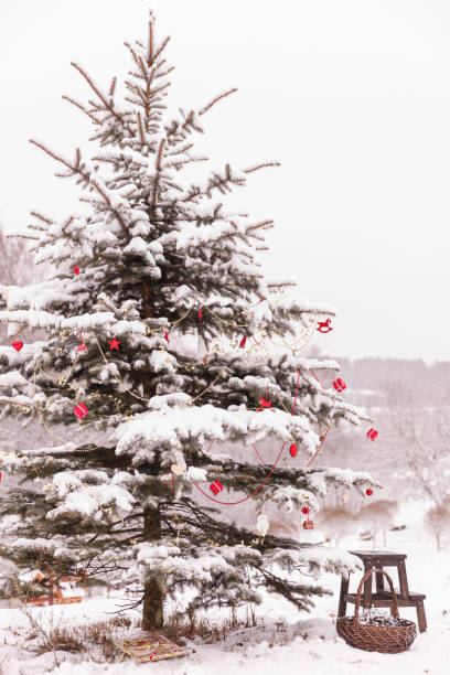 istock Christmas decorations on a beautiful tree coated with snow. Traditional Christmas tree. Holiday and celebration concept 1190466251