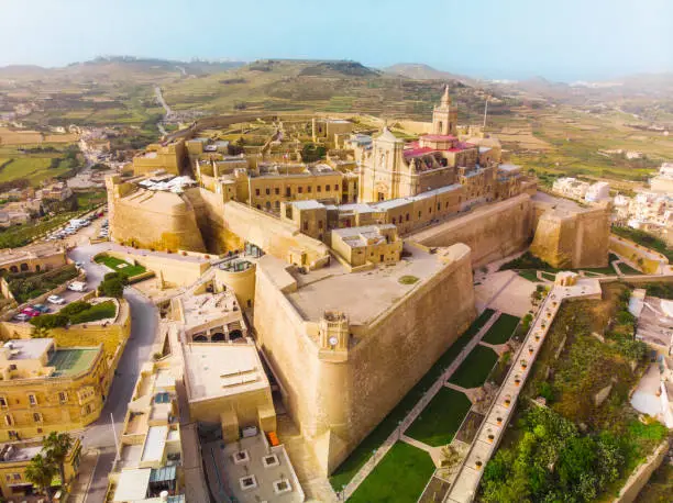 Aerial view of the Citadel - capital city of Gozo island. Rabat, Victoria city. Malta country