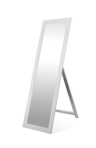Wooden white rectangular mirror isolated on white background