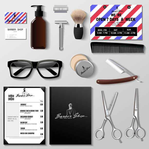 Vector barbershop corporate identity template design set. Vector barbershop corporate identity template design set. Branding mock up. scissors cutting wrapping paper stock illustrations