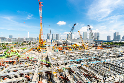 Big construction crane working in big construction site in Tokyo Japan