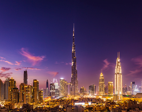 dubai city skyline at dawn, united arab emirates.