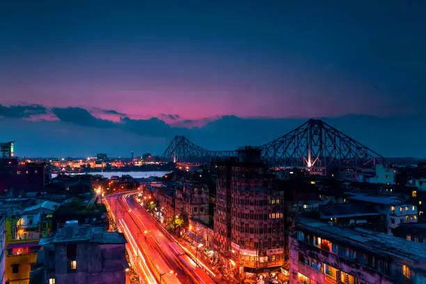 Cityscape of Kolkata at dusk.