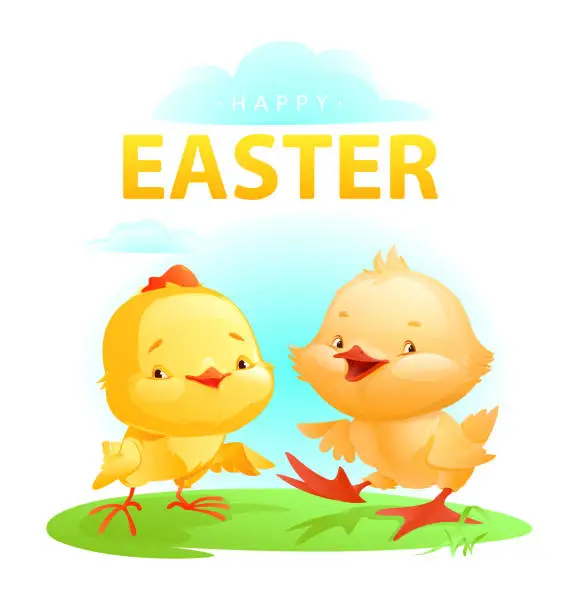 Vector illustration of Duckling and chick joyfully walk on a green lawn against a blue sky. Stock vector illustration in cartoon style. Easter card.